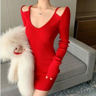 Long-sleeve V-neck Cold Shoulder Knit Dress