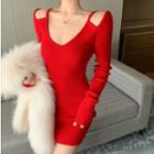 Long-sleeve V-neck Cold Shoulder Knit Dress