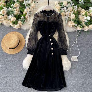 Lace Puff-sleeve Panel Velvet Dress