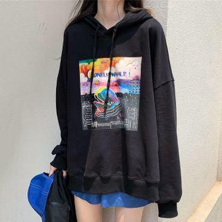 Graphic Print Drawstring Hoodie Black - One Size