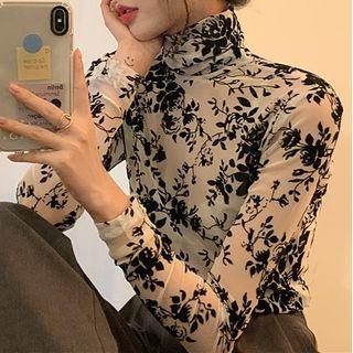 Long-sleeve Floral Print Turtleneck T-shirt