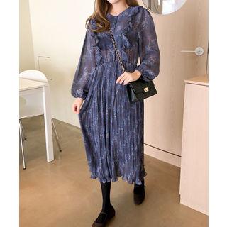 Frill-trim Floral Print Chiffon Dress Blue - One Size