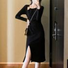 Long-sleeve Chain Strap Side-slit Sheath Dress / Mini Sheath Dress