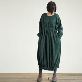 Long-sleeve Elastic Waist Midi A-line Dress