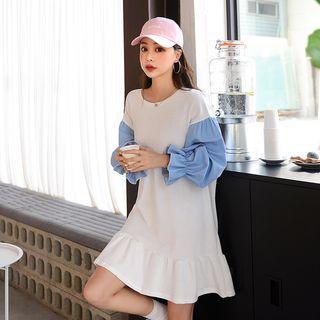 Contrast Balloon-sleeve Ruffle-hem Dress