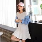 Contrast Balloon-sleeve Ruffle-hem Dress