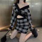 Plaid Cardigan / Mini Fitted Knit Skirt