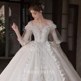 Set: 3/4-sleeve Off-shoulder Rhinestone Embellished Wedding Gown + Veil (various Designs)