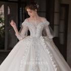 Set: 3/4-sleeve Off-shoulder Rhinestone Embellished Wedding Gown + Veil (various Designs)