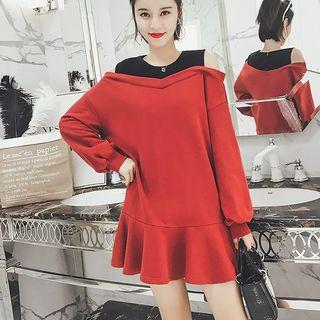 Open Shoulder Mock Two-piece Long-sleeve Dress
