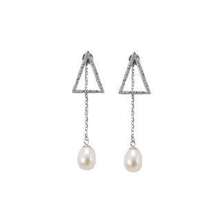 Sterling Silver Simple And Fashion Geometric Triangle Freshwater Pearl Tassel Earrings With Cubic Zirconia Silver - One Size