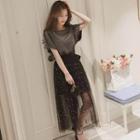 Set: Glitter Short-sleeve T-shirt Dress + Faux Pearl Mesh Maxi Skirt