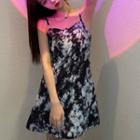 Spaghetti Strap Tie-dye Print Mini A-line Dress Black - One Size