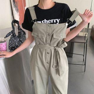 Button-front Overall Pants With Belt Khaki - One Size
