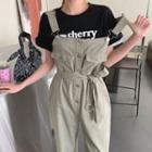 Button-front Overall Pants With Belt Khaki - One Size