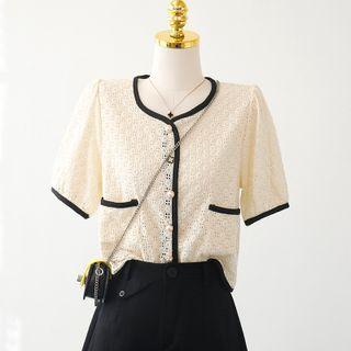 Square-neck Two Tone Lace Button-up Oversize Blouse