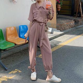 Short-sleeve Tie-cuff Jumpsuit