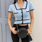 Collared Piped Cropped Knit Top Blue - One Size