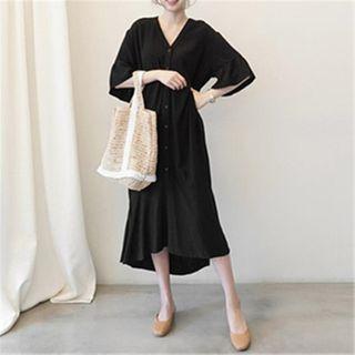 V-neck Plain Midi Shift Dress