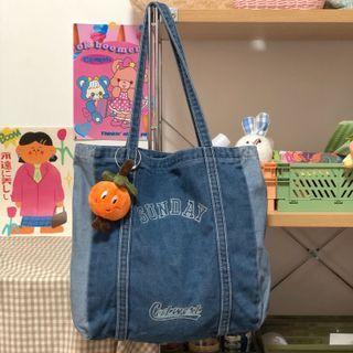 Letter Embroidered Denim Tote Bag With Brooch - Blue - One Size