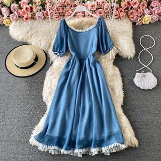Puff Sleeve Frill-trim Chiffon Dress