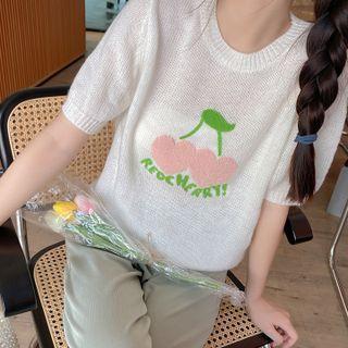 Elbow-sleeve Cherry Print Knit Top