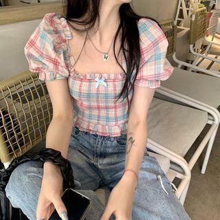 Square Neck Plaid Puff Sleeve Top As Shown In Figure - One Size