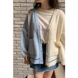 Two-tone Boxy Knit Cardigan Sky Blue - One Size