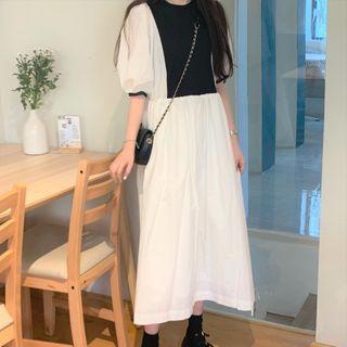 Two-tone Puff-sleeve Maxi A-line Dress