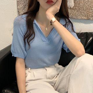 Plain Short Sleeve Polo Neck Knit Top