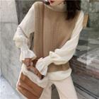 Frilled Turtle-neck Long-sleeve Blouse / Cable Knit Vest