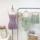 Set: Spaghetti-strap Drawstring Swimsuit + Swim Skirt