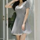 Lace Trim Checked Short-sleeve Mini A-line Dress