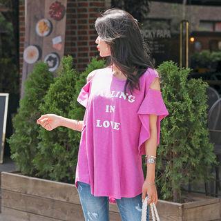 Lettering Cutout Ruffle-sleeve Top