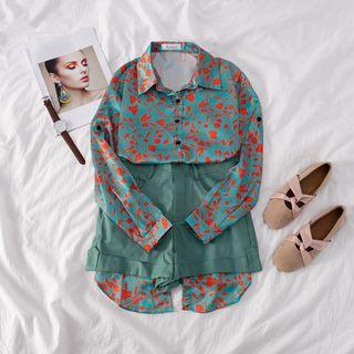 Set: Long-sleeve Print Long Shirt + Plain Cuffed Shorts