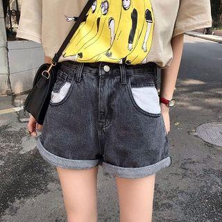 Color-block Roll-up High-waist Denim Shorts