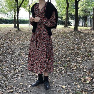 Plain Cardigan / Long-sleeve Floral-print Midi A-line Dress