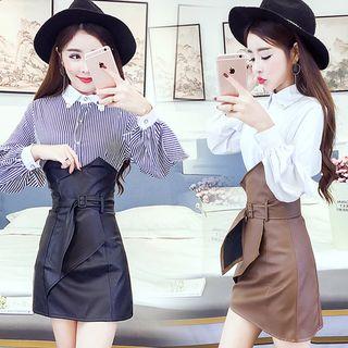 Set: Faux Pearl Long-sleeve Shirt + Faux Leather High-waist Mini Skirt