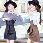 Set: Faux Pearl Long-sleeve Shirt + Faux Leather High-waist Mini Skirt