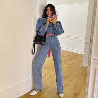 High-waist Slit-hem Loose-fit Jeans