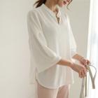 Open-placket Wide 3/4-sleeve Shirt