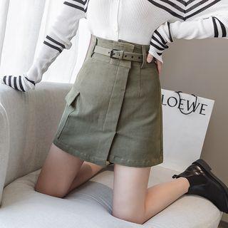 Buckled Mini A-line Cargo Skirt