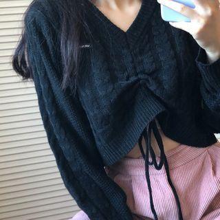 Long-sleeve Drawstring Plain Sweatshirt / High-waist Plain Corduroy Pants