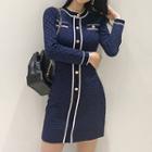 Long-sleeve Knit Mini Dress Blue - One Size