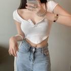 Cap-sleeve Henley Crop Top White - One Size