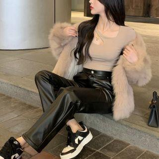 Long-sleeve Plain Top / Faux Leather Pants
