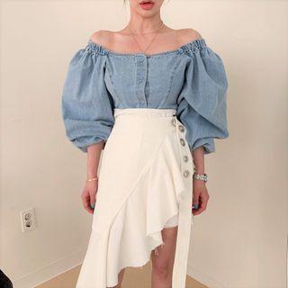 Long-sleeve Off-shoulder Denim Blouse Shirt - One Size