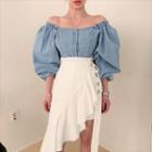 Long-sleeve Off-shoulder Denim Blouse Shirt - One Size