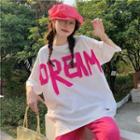 Elbow-sleeve Lettering T-shirt Pink & White - One Size