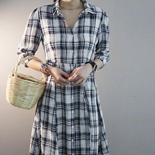 Plaid 3/4-sleeve Maxi Shirtdress